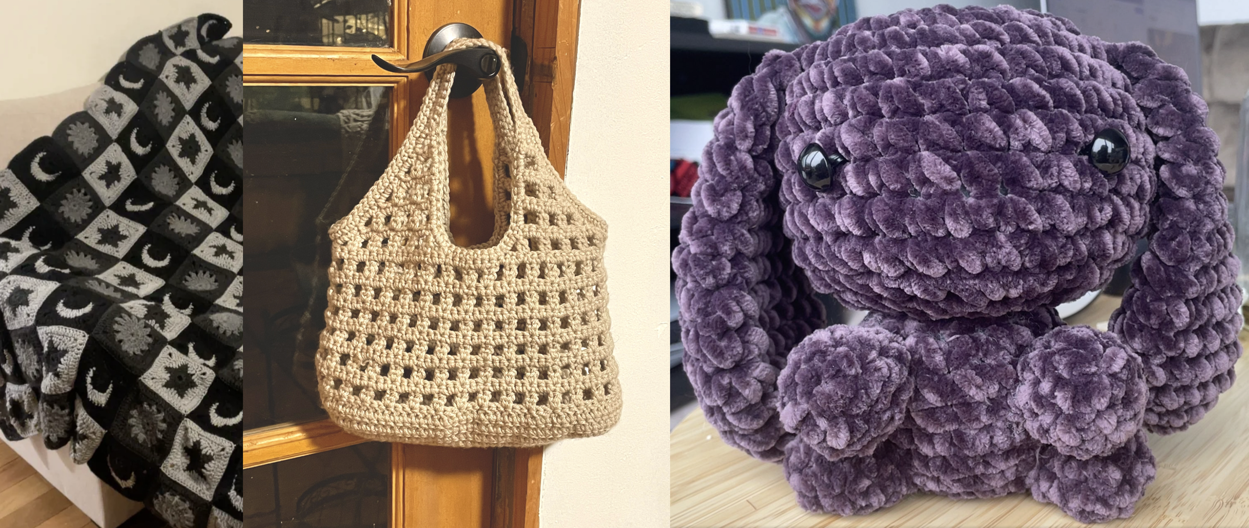 Crochet samples: blanket, bag, and stuffed animal