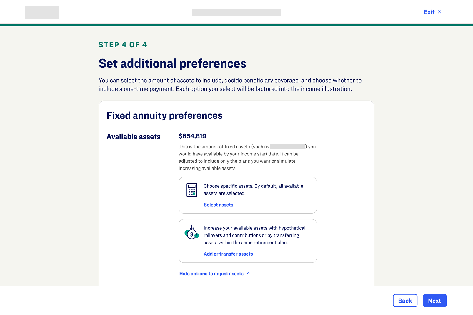 Retirement education tool set additional preferences screen