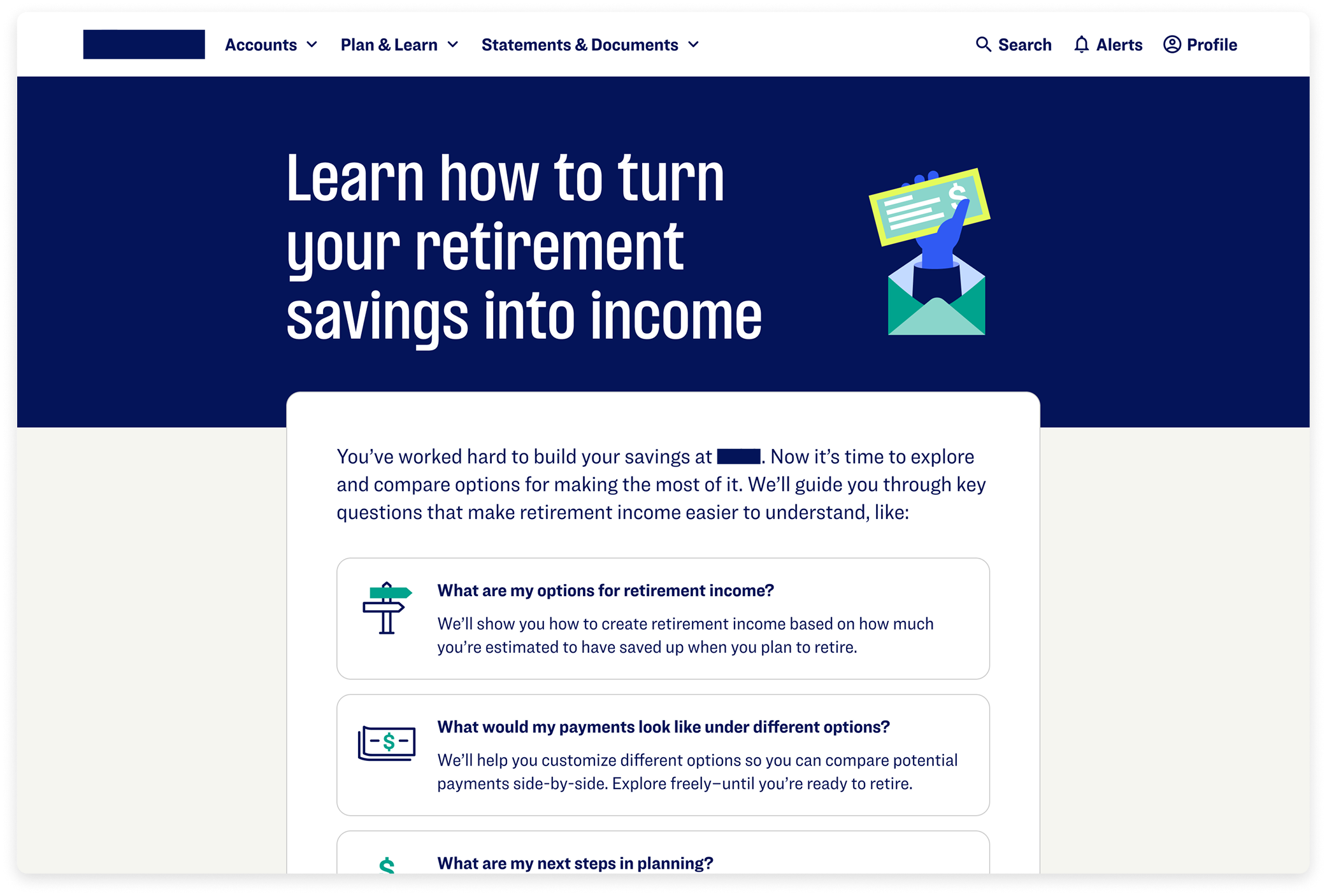 Retirement education tool participant landing page