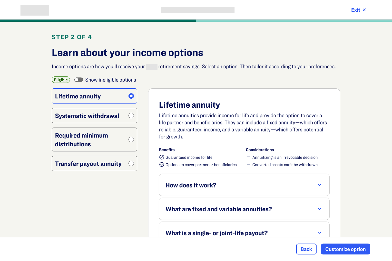 Retirement education tool learn about income options screen