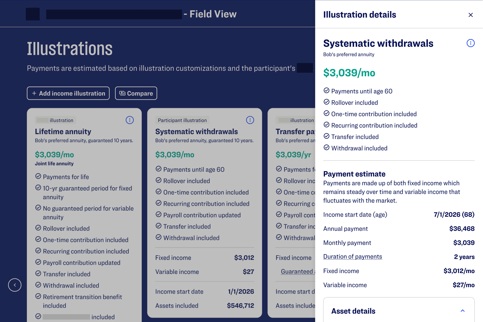 Retirement education tool advisor field view comparing illustrations
